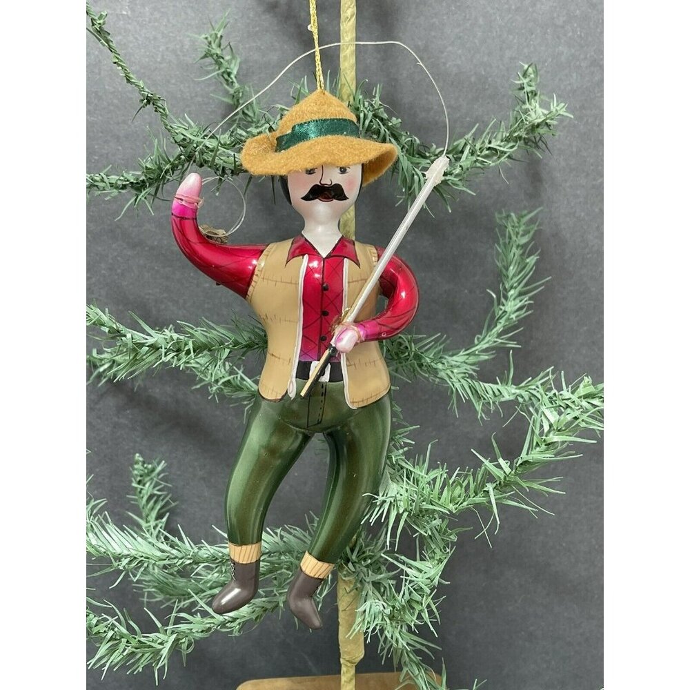 Vintage Fisherman Ornament Plastic Hand Painted 7 Inch Christmas Holiday